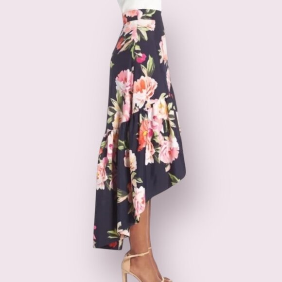NWOT Eliza J Floral High Low Skirt Size 14 Peony Ruffle Hem Asymmetrical Elegant